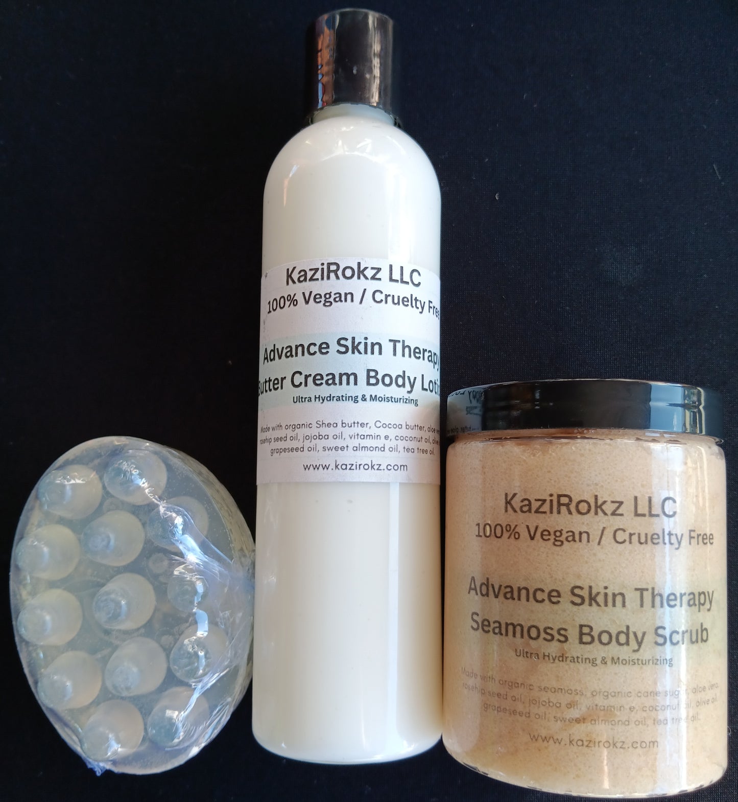 Best-selling Seamoss TRIO! 100% Vegan/ Cruelty Free skincare! Seamoss and hemp foaming body scrub, butter cream, and massage soap bar.