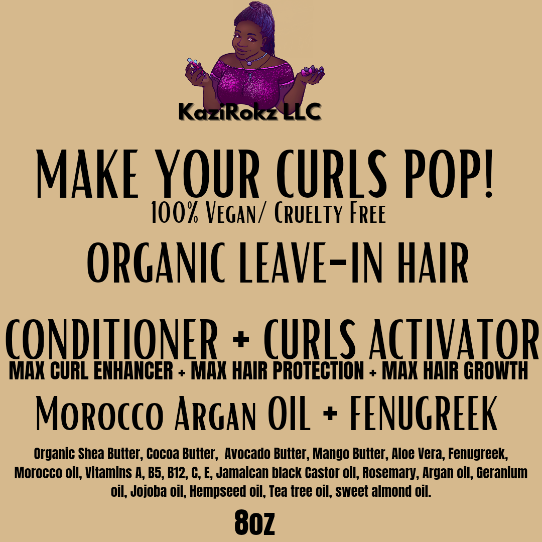 MAKE YOUR CURLS POP! ORGANIC LEAVE-IN HAIR CONDITIONER + CURLS ACTIVATOR! 100% Vegan/ Cruelty Free 8oz