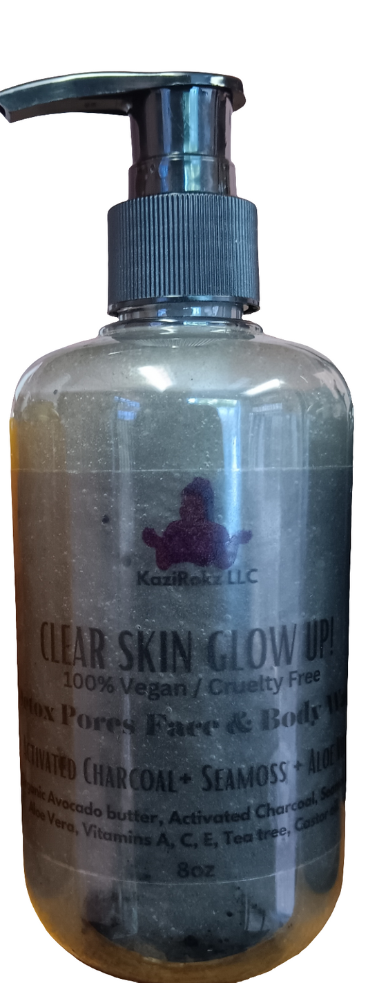 Clear Skin Glow Up! Detox Pores  Face and Body wash. 100% Vegan/ Cruelty Free. Activated Charcoal + Seamoss + Aloe Vera