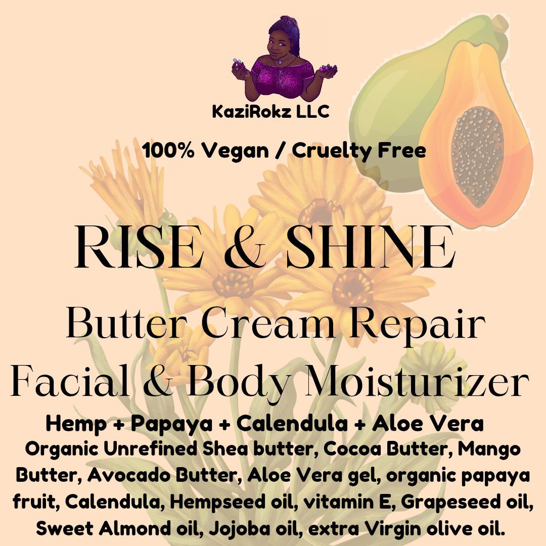 RISE & SHINE Butter Cream Facial & Body moisturizer! 8oz, 100% Vegan/ Cruelty Free. Brightening Facial care. Balancing skin complexion. Brightening & Firming