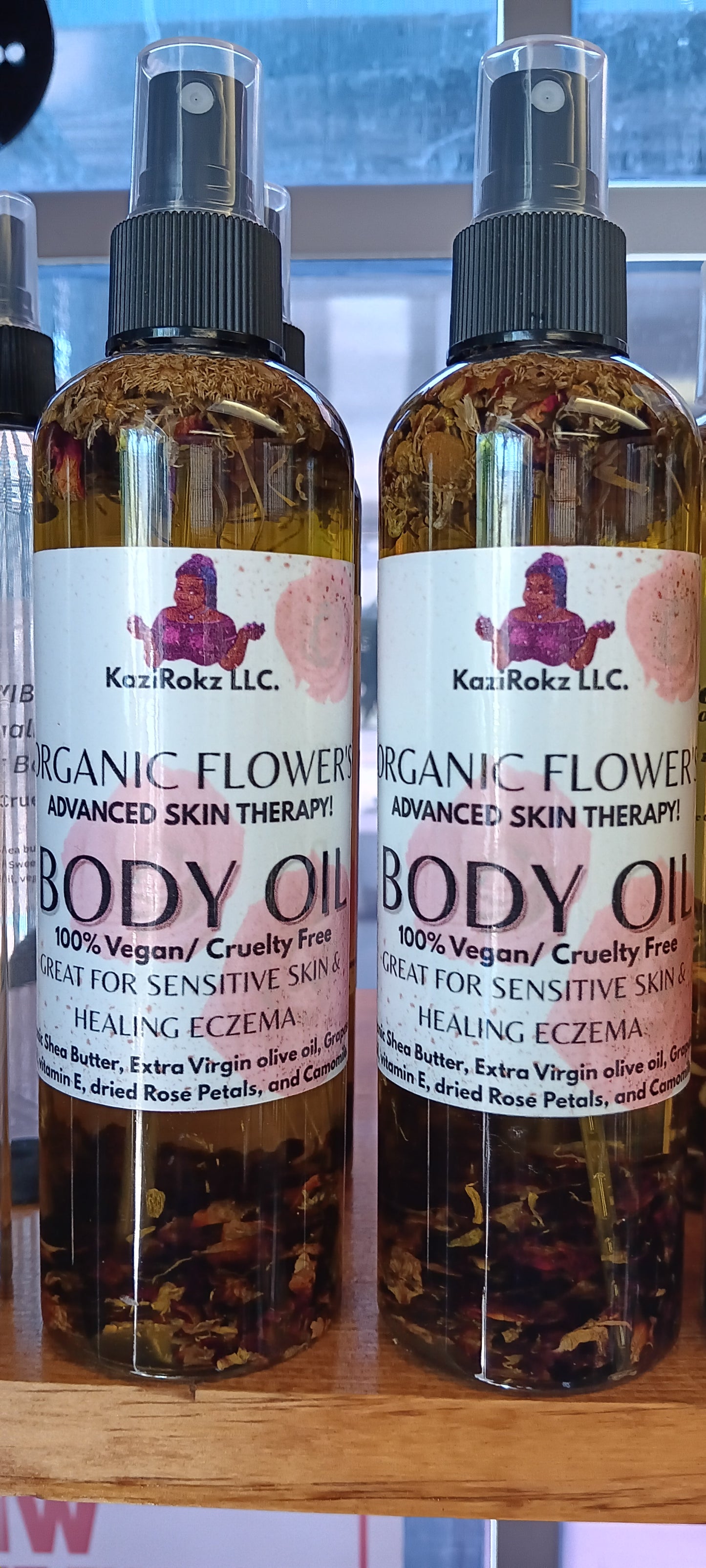 Organic Flowers Skin Therapy Body Oil soothing ECZEMA Body oil. 100% Vegan/ Cruelty Free. 8oz. Rose Petals & Camomile.