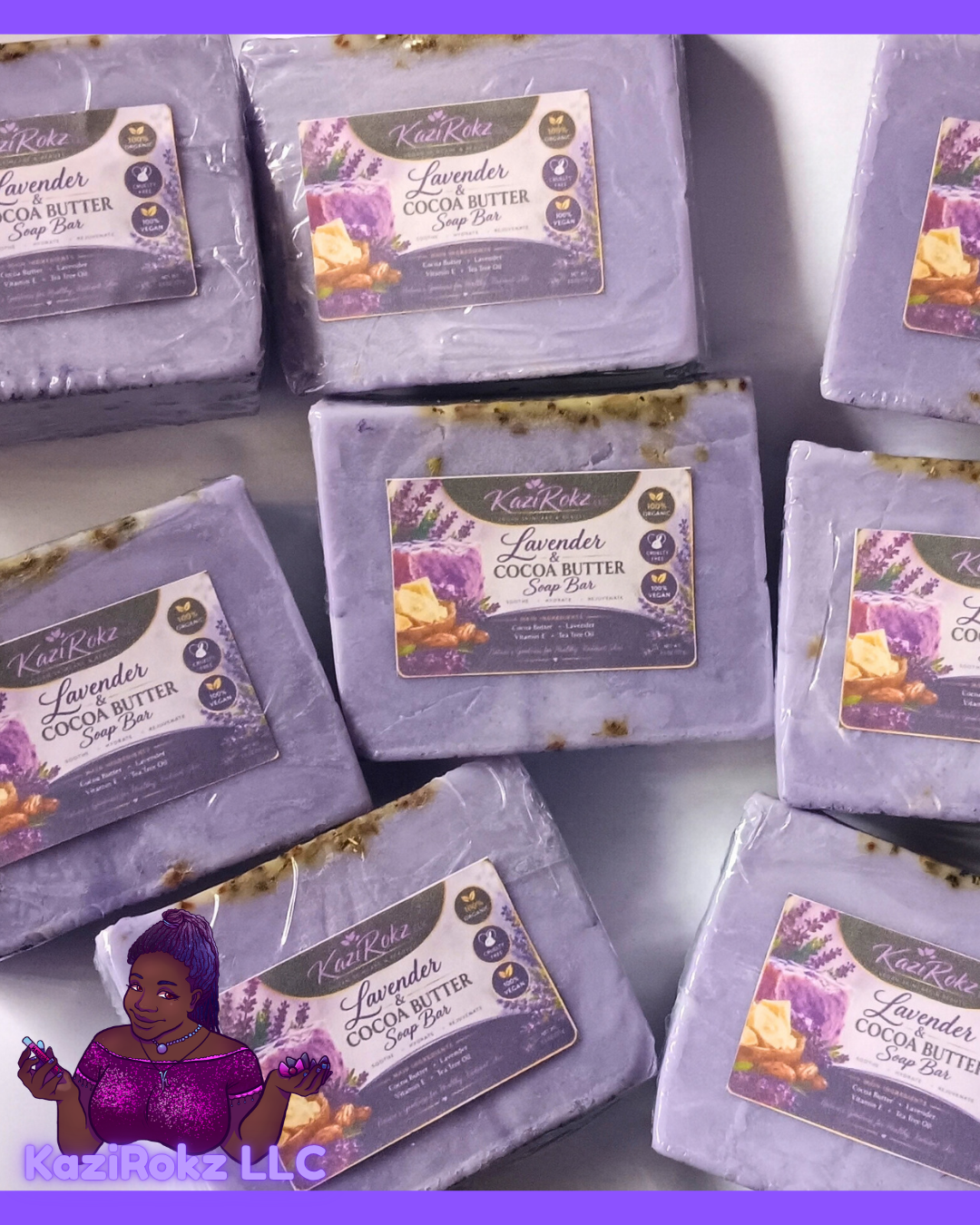 Lavender & Cocoa Butter Soap Bar. 100% Vegan/ Cruelty Free. Approximately 3.5oz to 4oz