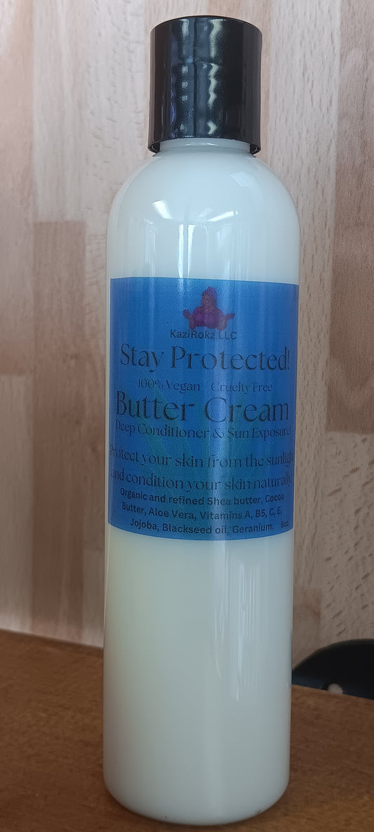 STAY PROTECTED Nourishing Butter Cream Body Moisturizer. 100% VEGAN/ CRUELTY FREE. Protects from sun exposure. Heals and soothes sun burns. 8oz.