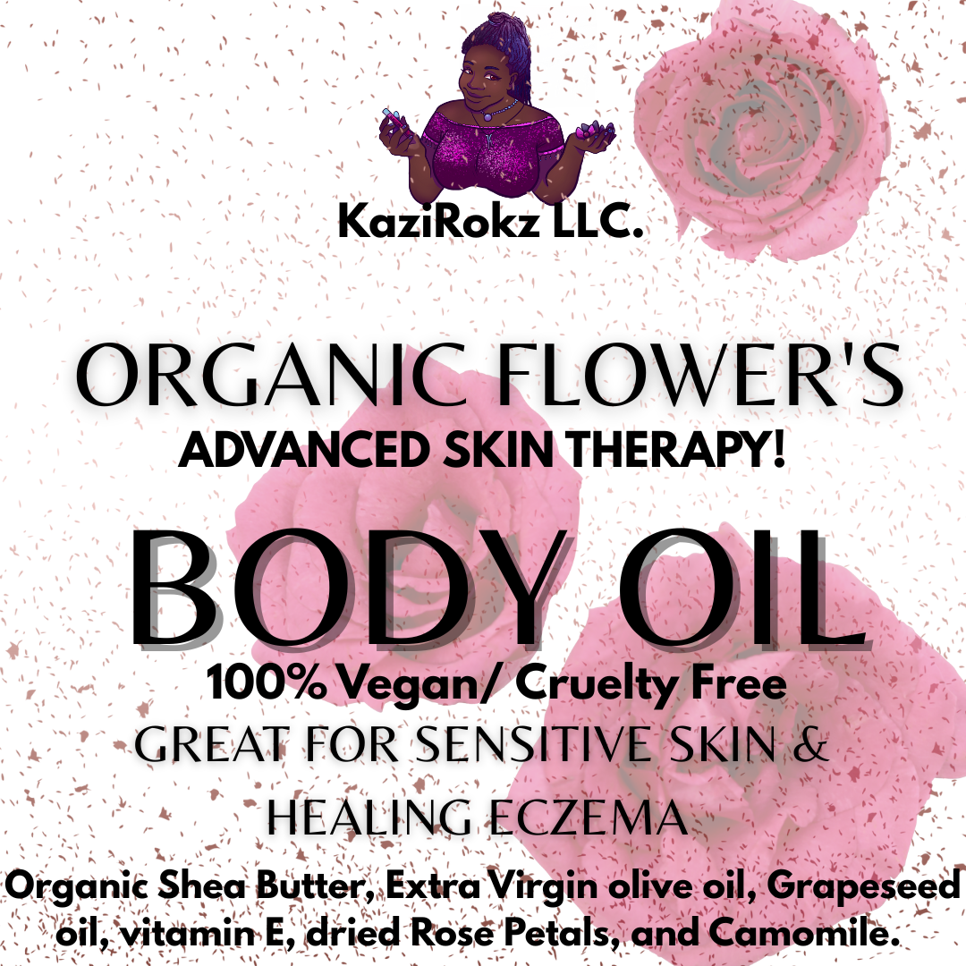 Organic Flowers Skin Therapy Body Oil soothing ECZEMA Body oil. 100% Vegan/ Cruelty Free. 8oz. Rose Petals & Camomile.