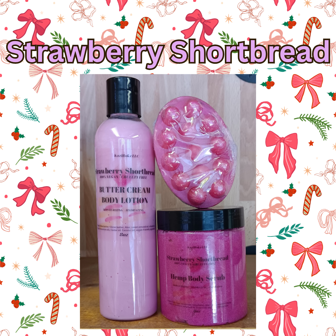 Strawberry Shortbread skincare Bundle! Hemp infused foaming body scrub, moisturizer, and soap bar