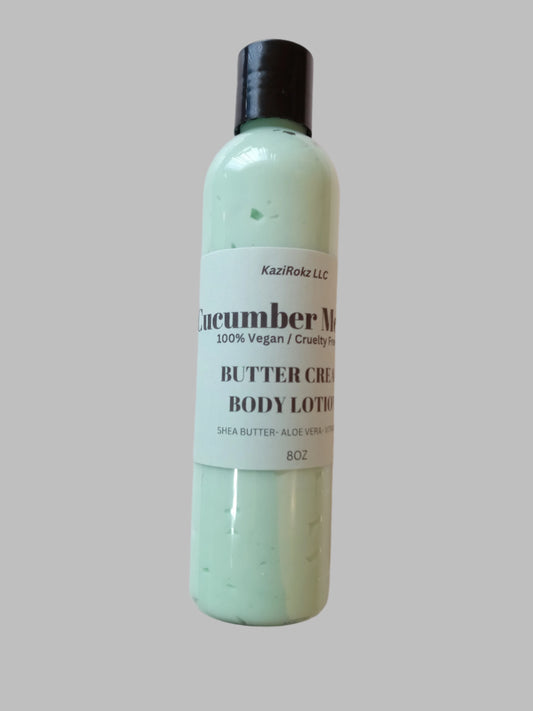 Cucumber Melon Butter Cream Body Lotion 8oz. 100% Vegan/ Cruelty Free. Ultra hydrating and moisturizing for extremely dry skin. Eczema and psoriasis treatment.