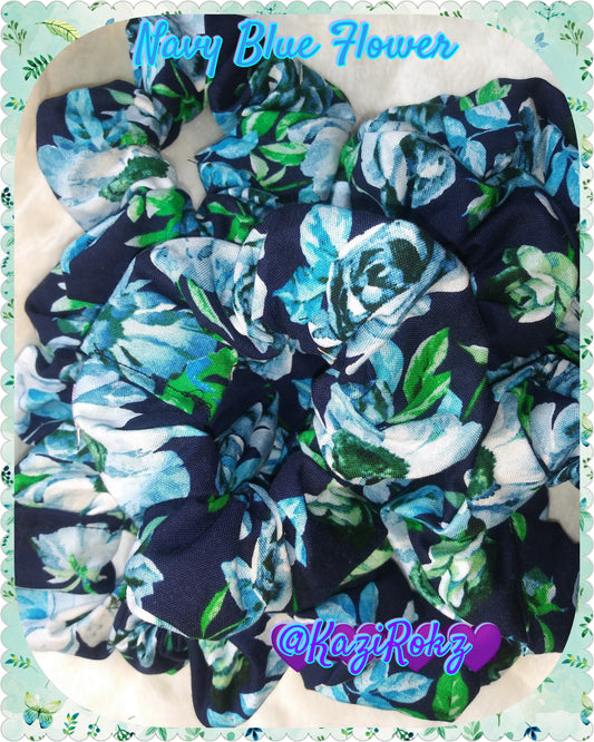 Navy blue Flower hair scrunchie
