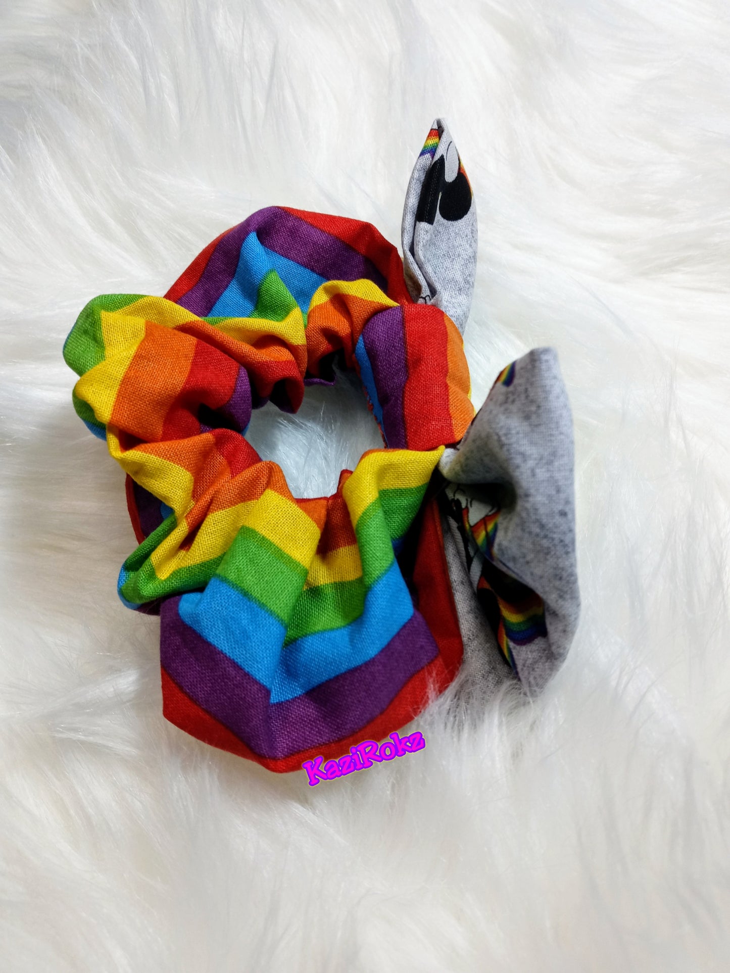 Mickey Mouse Rainbow 🌈 Hair Bow Scrunchie (Gray / rainbow) Bow Scrunchie