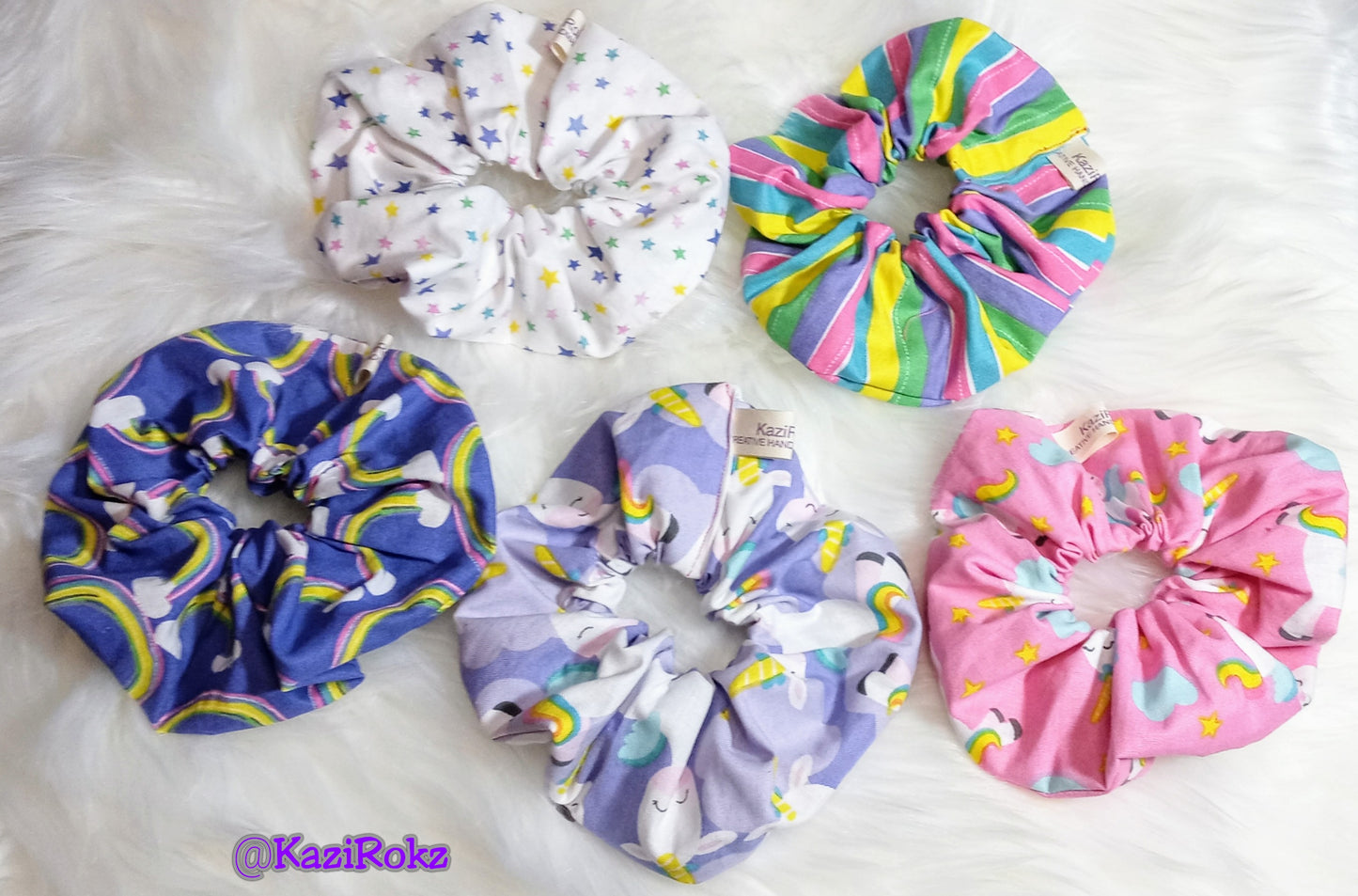 Unicorn Love 5 pack Hair Scrunchie Set (Stars,Rainbows,Strips,Unicorn)