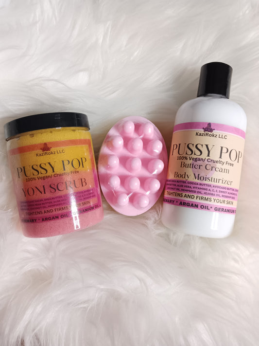 PUSSY POP TRIO KIT! Balance your pH, prevent itch, fights ingrown hairs. 100% Vegan / Cruelty Free Body scrub, Soap bar,Butter cream body moisturizer