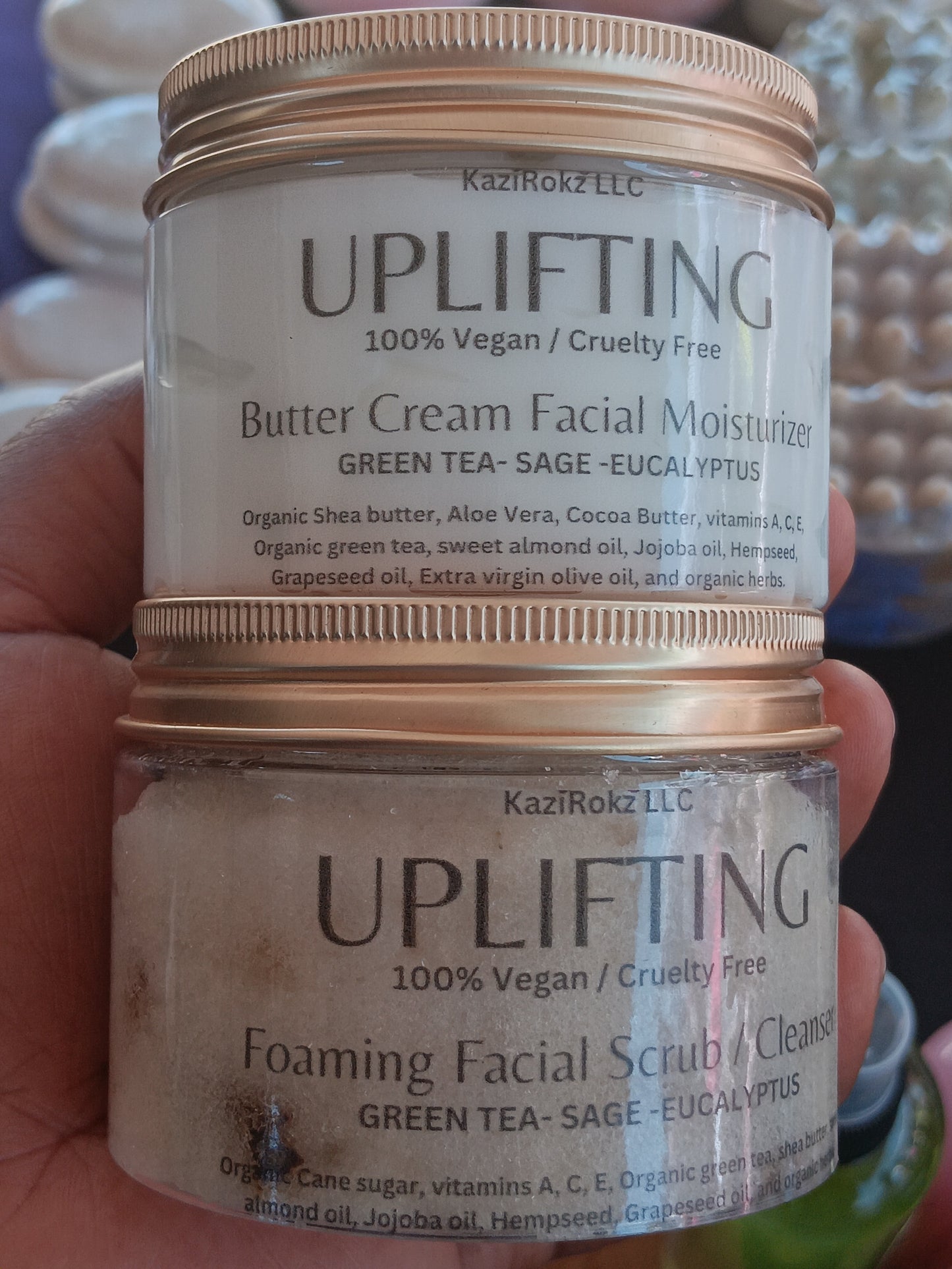 Uplifting Facial Care combo!Green tea, Sage, and Eucalyptus (Facial Scrub Cleanser & Butter Cream Moisturizer)100% Vegan/CrueltyFree (2)4oz