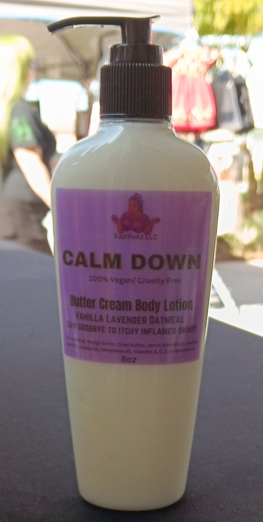 CALM DOWN Butter Cream Body Lotion! Vanilla Lavender Oatmeal soothing Eczema and Extreme dry skin moisturizer. 100% Vegan/ Cruelty Free, 8oz Pump Bottle.
