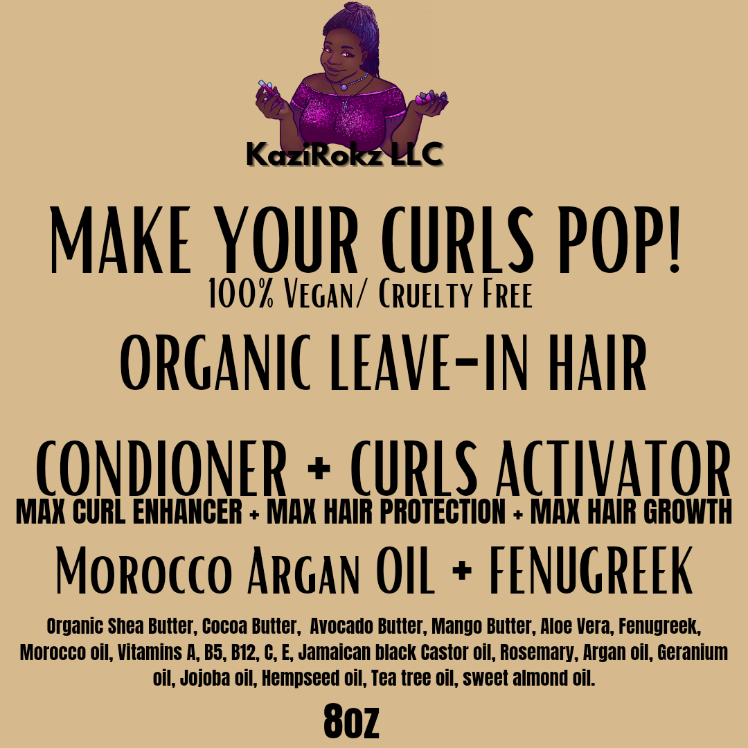 MAKE YOUR CURLS POP! ORGANIC LEAVE-IN HAIR CONDITIONER + CURLS ACTIVATOR! 100% Vegan/ Cruelty Free 8oz