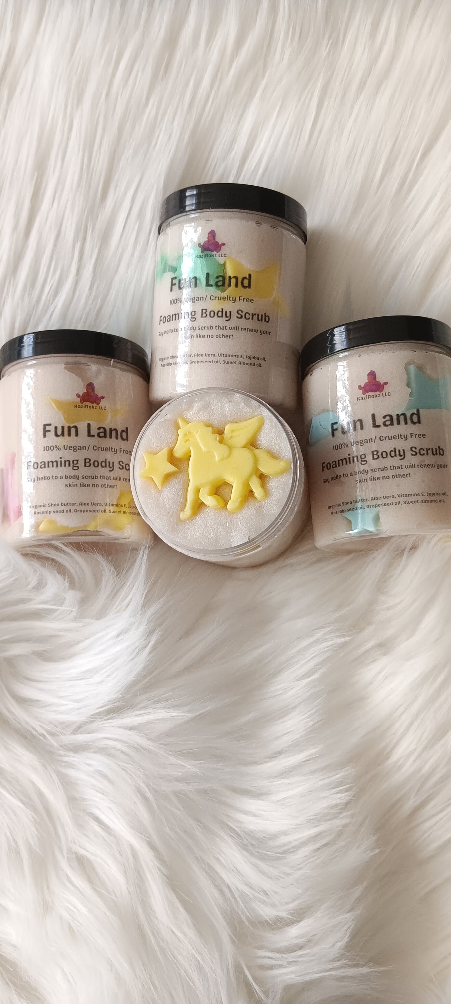 FUN LAND Foaming Body Scrub FOR KIDS! 100% Vegan/ Cruelty Free and handmade with organic ingredients. Bath time fun, Soap and soap scrub. Sensitive skin, dry skin treatment.