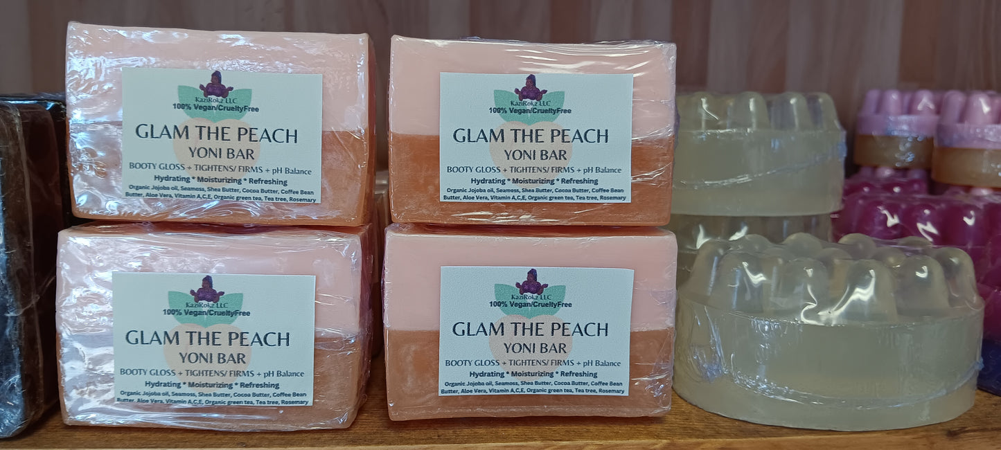 GLAM THE PEACH 🍑! YONI +BOOTY BOOSTING SOAP BAR. Tightens and Firms your BOOTY, BREAST, AND ABDOMEN. BALANCE pH, fighting ingrown hairs, and Max odor control. 100% Vegan/ Cruelty Free