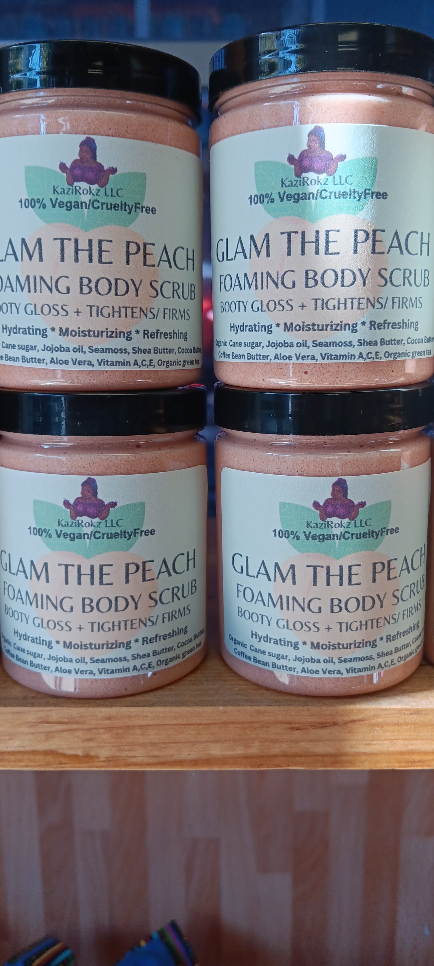 GLAM THE PEACH 🍑! BOOTY BOOSTING FOAMING BODY SCRUB. MAX EXFOLIATOR! Tightens and Firms your BOOTY, BREAST, AND ABDOMEN. 8OZ PLASTIC CONTAINER. 100% Vegan/ Cruelty Free