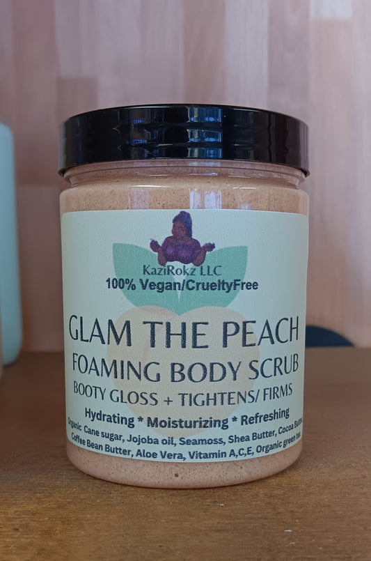 GLAM THE PEACH 🍑! BOOTY BOOSTING FOAMING BODY SCRUB. MAX EXFOLIATOR! Tightens and Firms your BOOTY, BREAST, AND ABDOMEN. 8OZ PLASTIC CONTAINER. 100% Vegan/ Cruelty Free