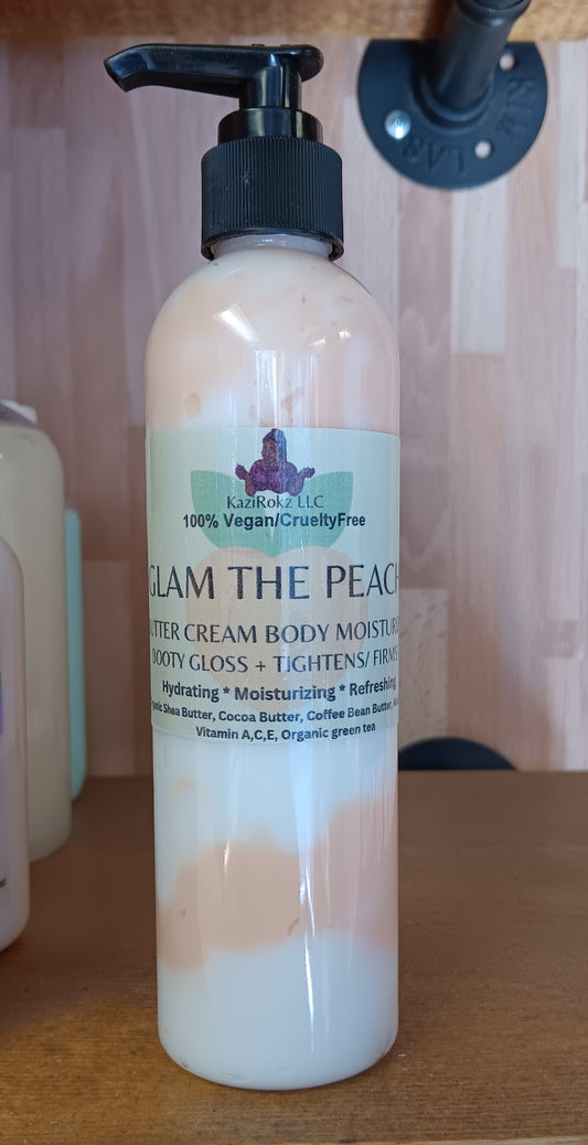 GLAM THE PEACH 🍑! BOOTY BOOSTING BUTTERCREAM. Tightens and Firms your BOOTY, BREAST, AND ABDOMEN. 8OZ PUMP BOTTLE! 100% Vegan/ Cruelty Free