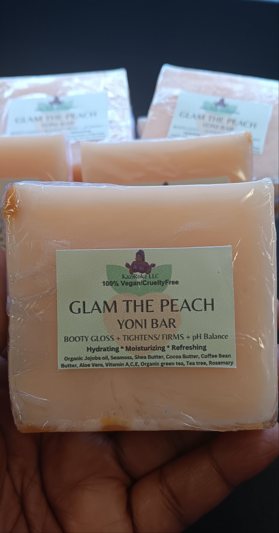 GLAM THE PEACH 🍑! YONI +BOOTY BOOSTING SOAP BAR. Tightens and Firms your BOOTY, BREAST, AND ABDOMEN. BALANCE pH, fighting ingrown hairs, and Max odor control. 100% Vegan/ Cruelty Free