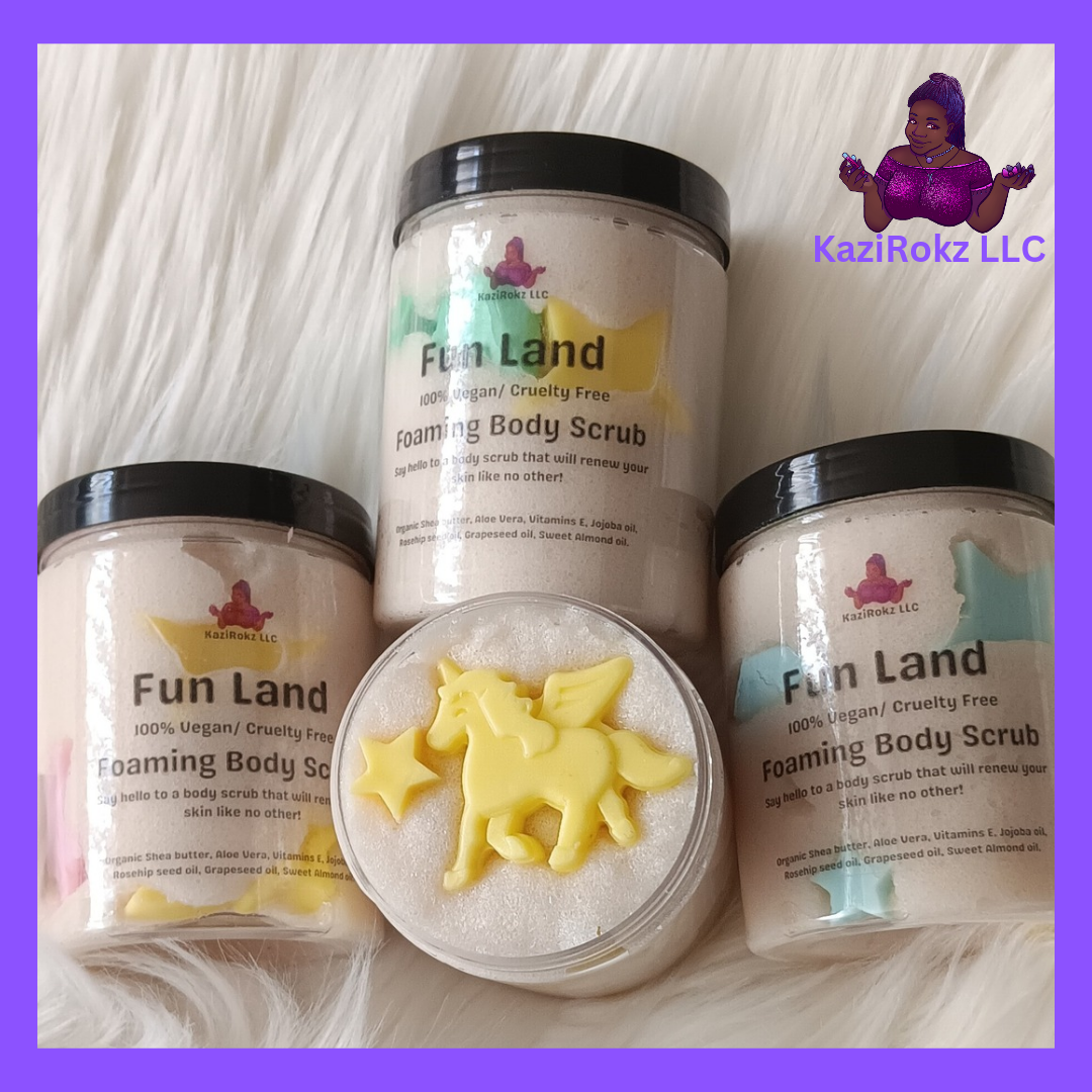 FUN LAND Foaming Body Scrub FOR KIDS! 100% Vegan/ Cruelty Free and handmade with organic ingredients. Bath time fun, Soap and soap scrub. Sensitive skin, dry skin treatment.