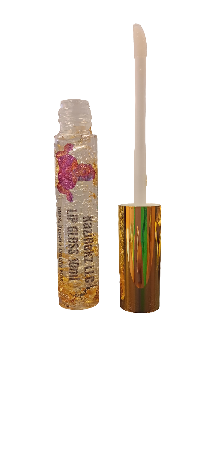 Golden Girl Lip Gloss! 100% Vegan/ Cruelty Free 10ml. Clear lip gloss with gold flakes.