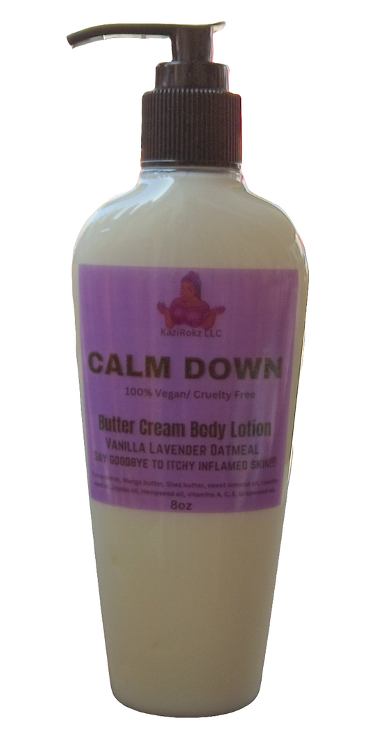 CALM DOWN Butter Cream Body Lotion! Vanilla Lavender Oatmeal soothing Eczema and Extreme dry skin moisturizer. 100% Vegan/ Cruelty Free, 8oz Pump Bottle.