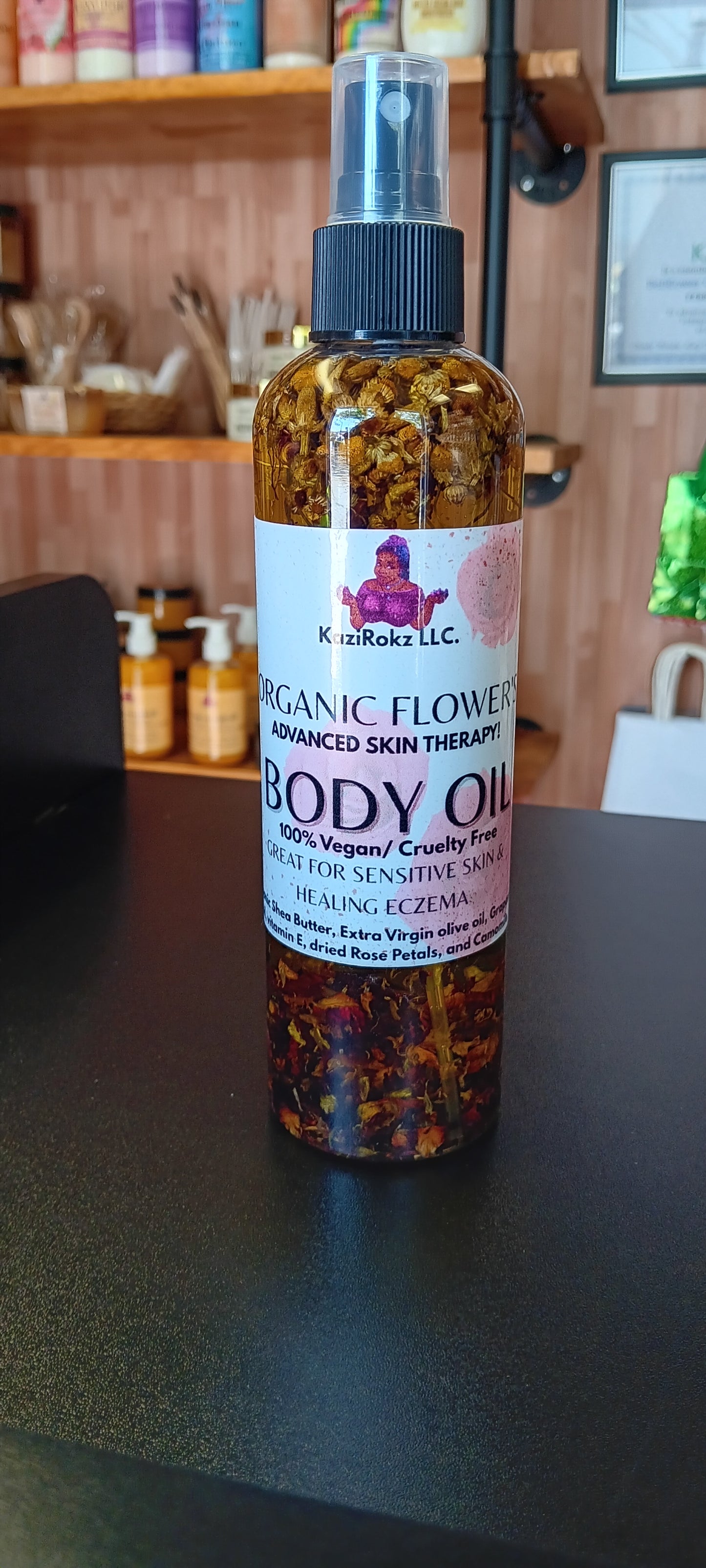 Organic Flowers Skin Therapy Body Oil soothing ECZEMA Body oil. 100% Vegan/ Cruelty Free. 8oz. Rose Petals & Camomile.