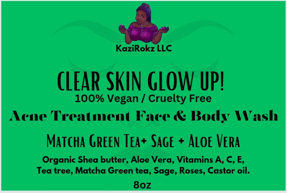 CLEAR SKIN GLOW UP! Acne Treatment Face & Body Wash! Matcha Green Tea, Sage, Roses. 8oz, 100% VEGAN/ CRUELTY FREE.