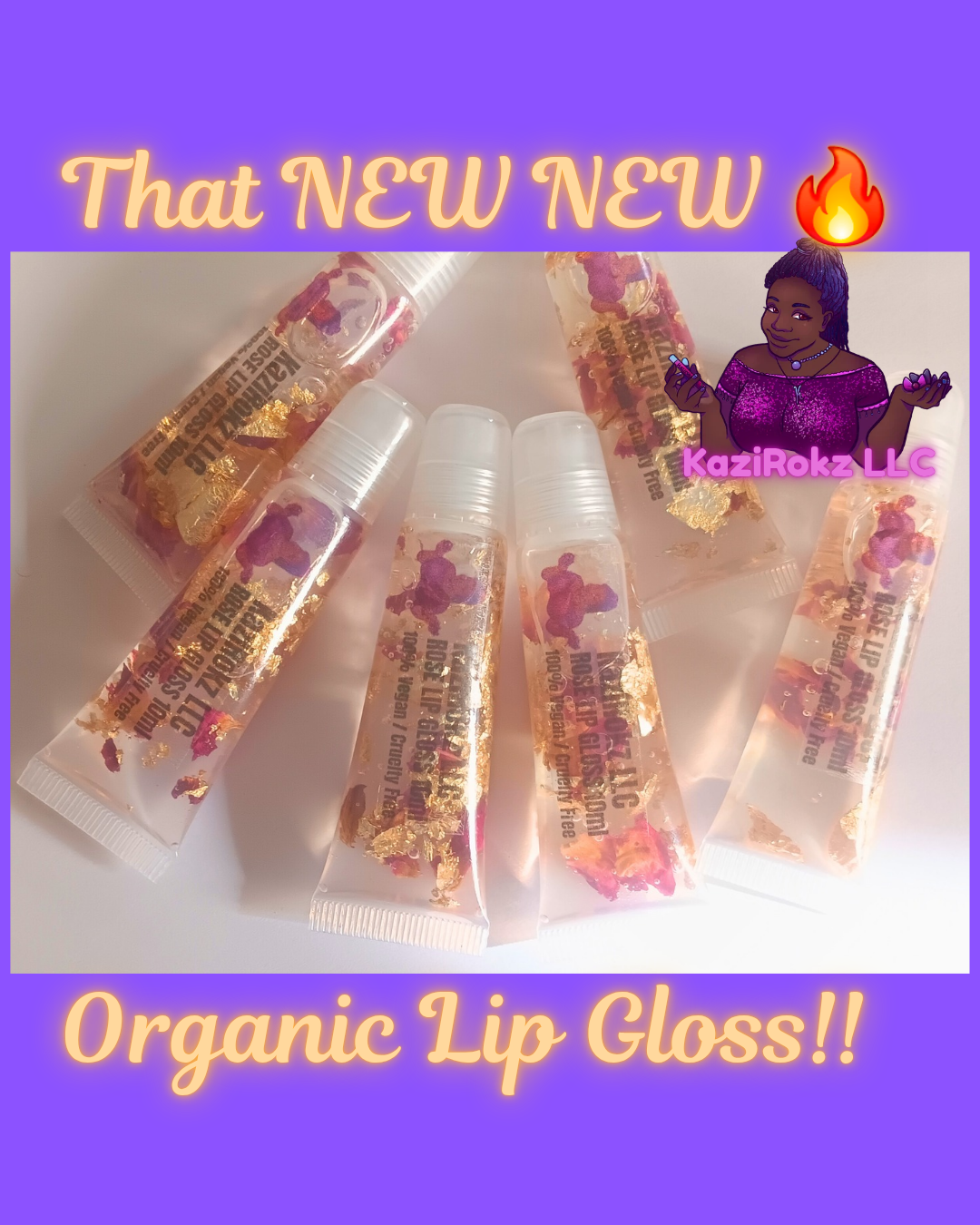 Golden Girl With Roses! Organic Lip gloss. 100% Vegan/ Cruelty Free. Luxurious Lip Gloss. High quality Lip care.