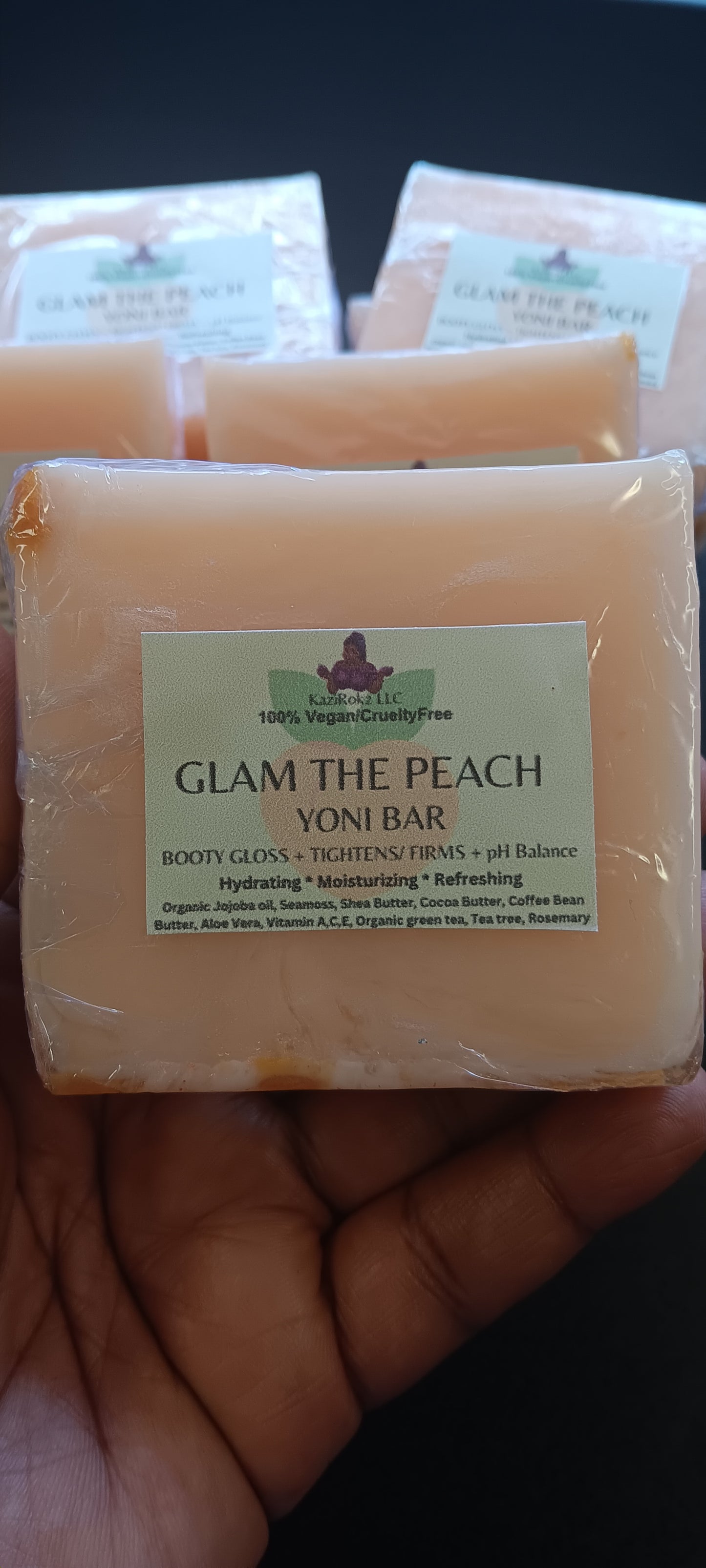 GLAM THE PEACH 🍑! YONI +BOOTY BOOSTING SOAP BAR. Tightens and Firms your BOOTY, BREAST, AND ABDOMEN. BALANCE pH, fighting ingrown hairs, and Max odor control. 100% Vegan/ Cruelty Free