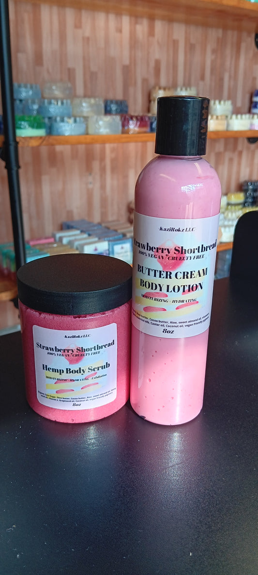 Strawberry Shortbread skincare Bundle! Hemp infused foaming body scrub, butter cream body moisturizer.