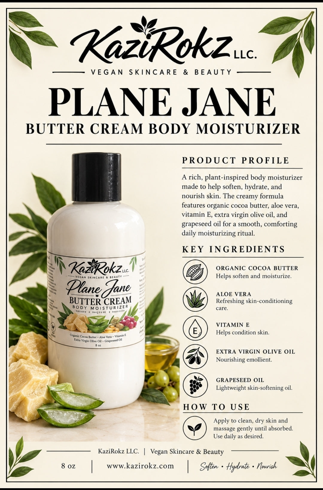 Plane Jane Butter Cream Body Moisturizer! 8oz. 100% Vegan/ Cruelty Free