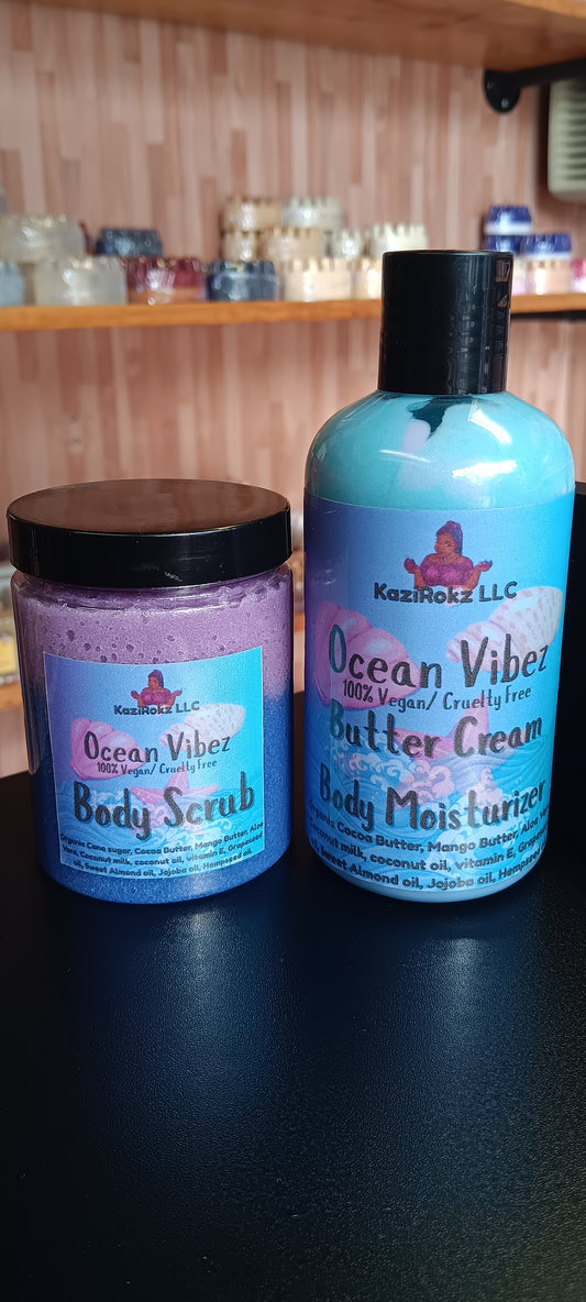 Ocean Vibez Skincare Bundle! 100% Vegan/ Cruelty Free! Butter Cream Body moisturizer, Foaming body scrub.