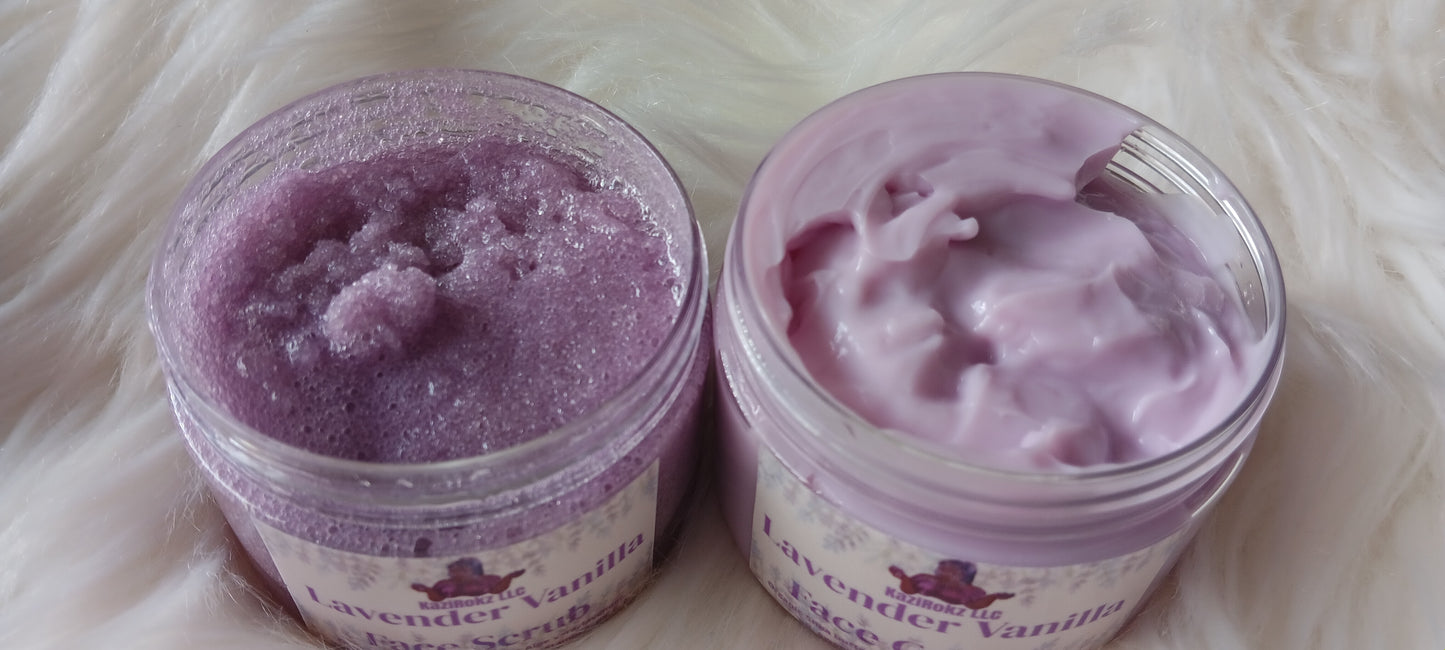 Lavender Vanilla Facial Care combo! Lavender, Vanilla, and Aloe Vera (Facial Scrub Cleanser & Butter Cream Moisturizer)100% Vegan/CrueltyFree (2)4oz