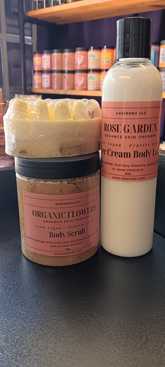 Glow Bundle Rose Edition! 100% Vegan/ Cruelty Free 🌱 🐷! Butter Cream Body moisturizer, foaming body scrub, massage therapy soap bar!