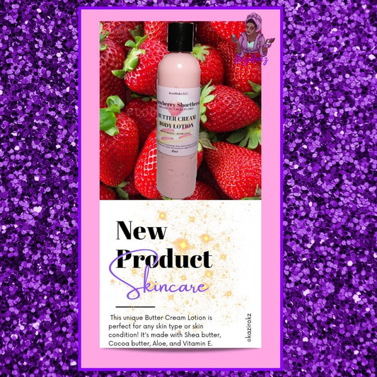Strawberry Shortbread Butter Cream Body Lotion (100% Vegan / Cruelty Free) Refreshing and ultra hydrating for eczema, rosacea, sunburns, blemishes, and more.