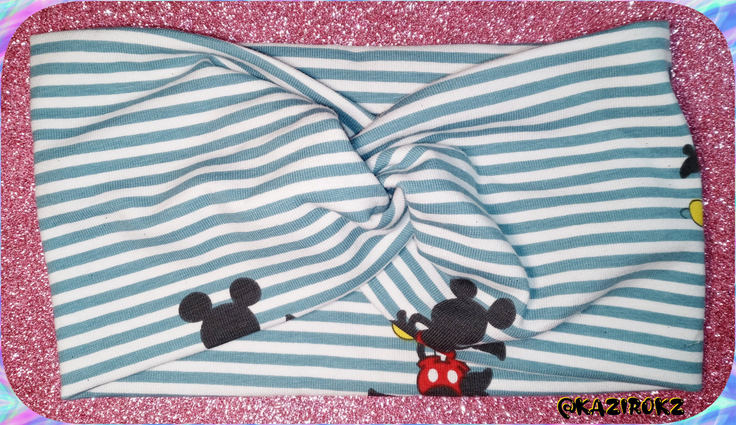 Mickey Mouse Knotted Headwrap (White/ light blue strips)