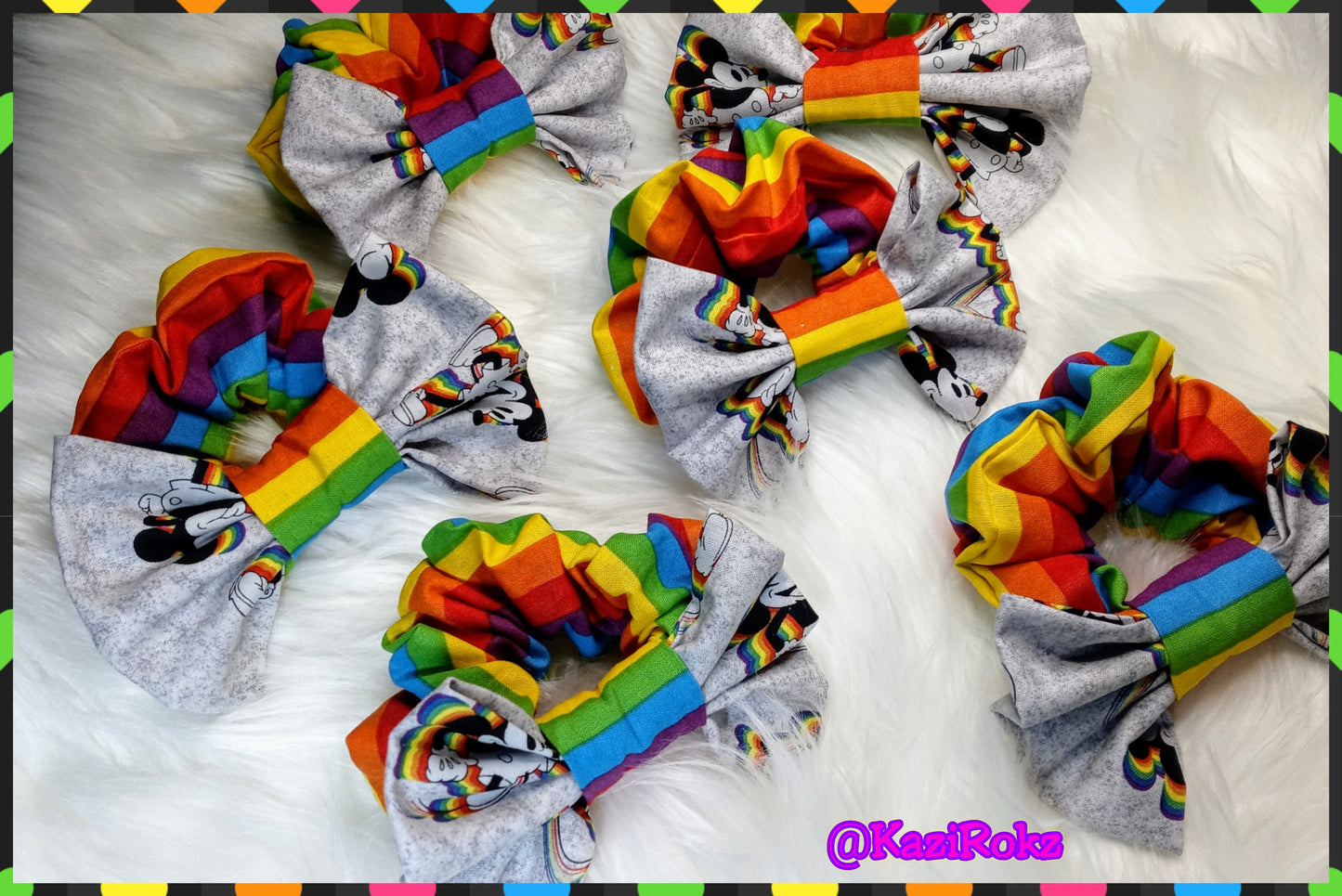 Mickey Mouse Rainbow 🌈 Hair Bow Scrunchie (Gray / rainbow) Bow Scrunchie