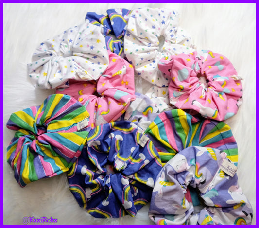 Unicorn Love 5 pack Hair Scrunchie Set (Stars,Rainbows,Strips,Unicorn)