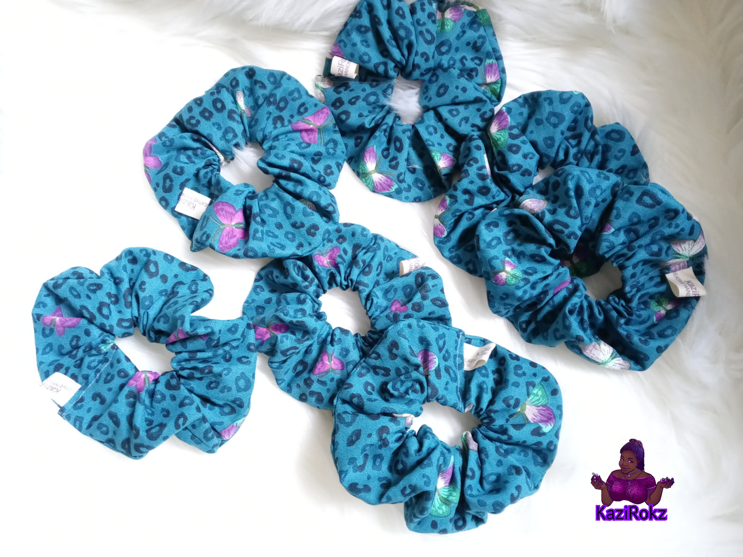 Turquoise Animal Print / Butterfly Hair Scrunchie